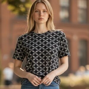 Charter Club Blue and White Patterned Short Sleeve Top